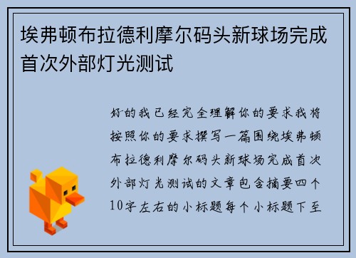 埃弗顿布拉德利摩尔码头新球场完成首次外部灯光测试 埃弗顿布拉德利摩尔码头新球场完成首次外部灯光测试