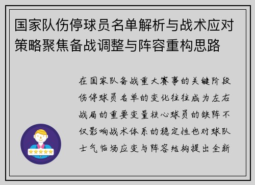 国家队伤停球员名单解析与战术应对策略聚焦备战调整与阵容重构思路 国家队伤停球员名单解析与战术应对策略聚焦备战调整与阵容重构思路