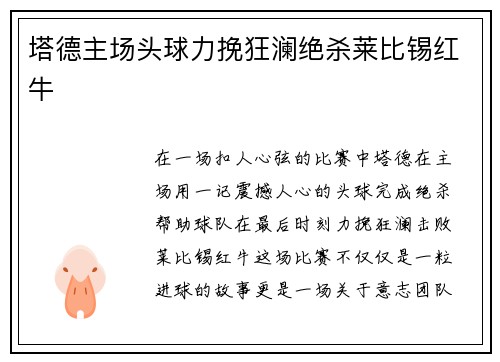 塔德主场头球力挽狂澜绝杀莱比锡红牛 塔德主场头球力挽狂澜绝杀莱比锡红牛